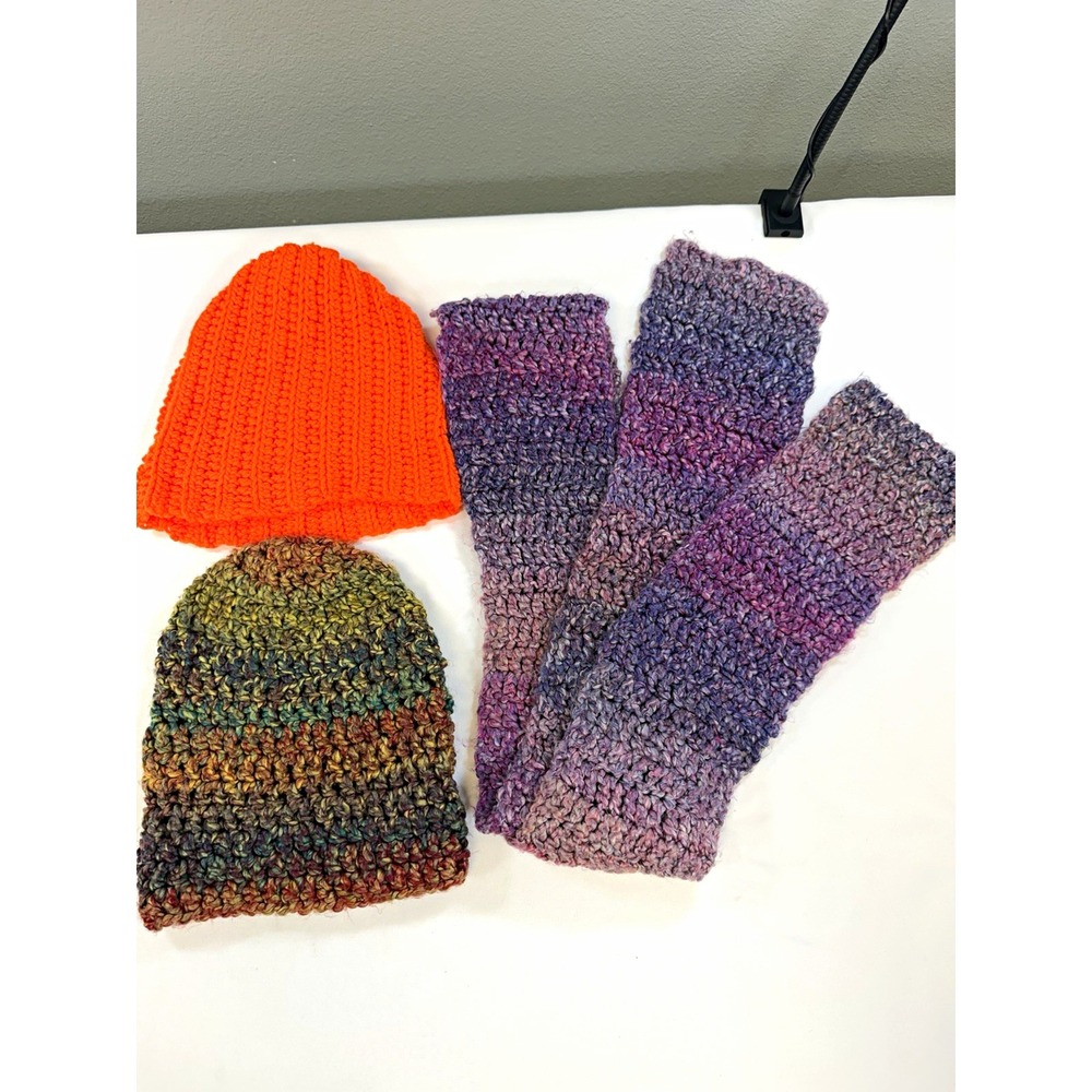 Handmade Crochet Hat Scarf Lot Neon Orange Camo Beanie Purple Ombre Wrap 3pc